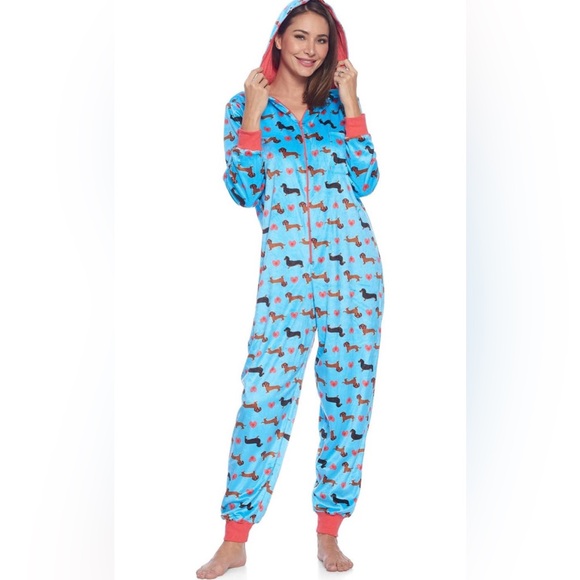 Ashford & Brooks Other - Women’s Blue Dachshund Print Zip-Up Pajamas Hooded